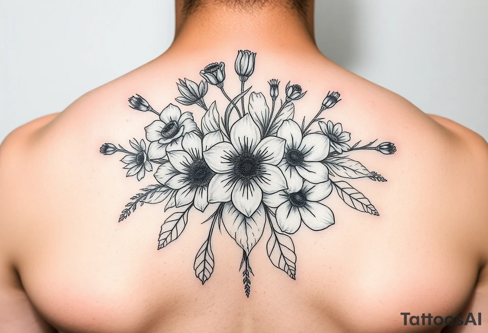 A bouquet of flowers for the months of January , February,  March, April,  May, June, August tattoo idea