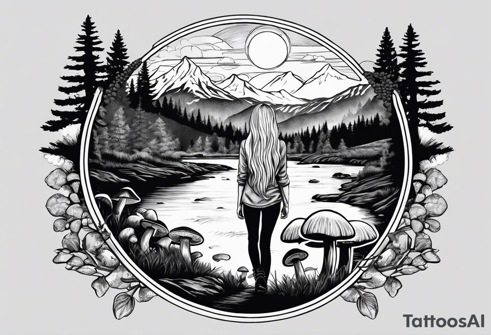 Whole picture encircled fully

Straight long blonde hair hippie girl in distance holding mushrooms in hand facing away toward mountains and creek surrounded by mushrooms long sleeve shirt and hiking pants; whole rendering within a full circle, no cut off circle tattoo idea
