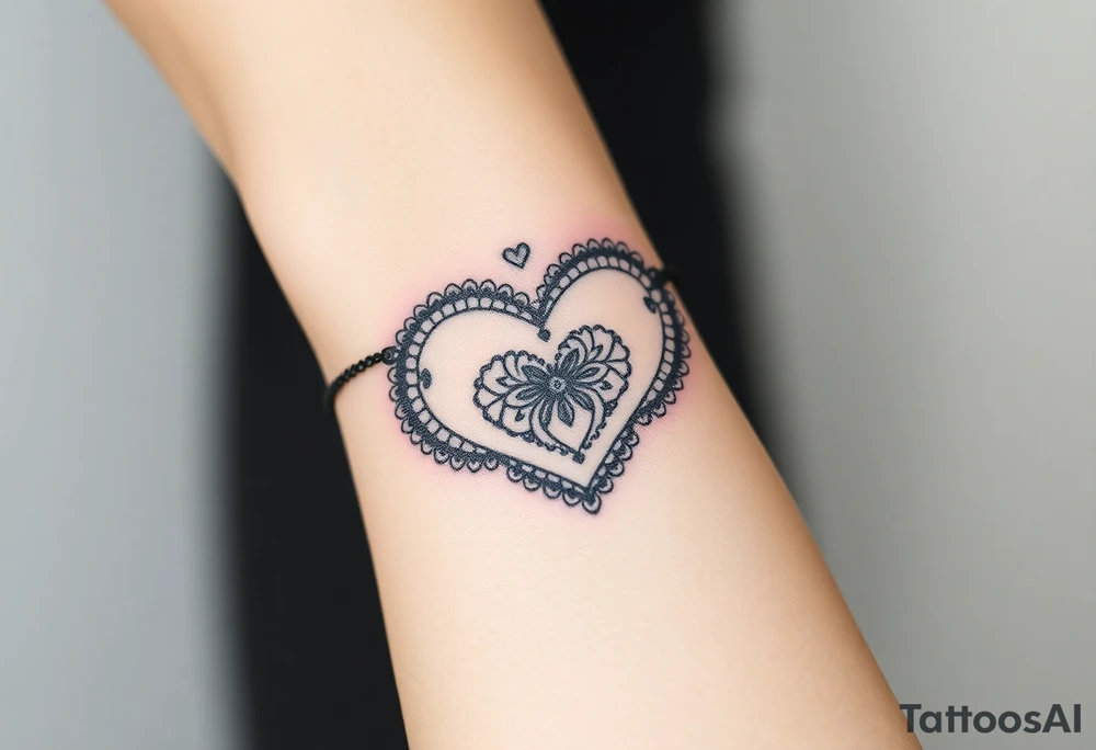 A heart-shaped lace pattern bracelet in black and silver, with a delicate filigree border tattoo idea