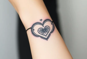 A heart-shaped lace pattern bracelet in black and silver, with a delicate filigree border tattoo idea