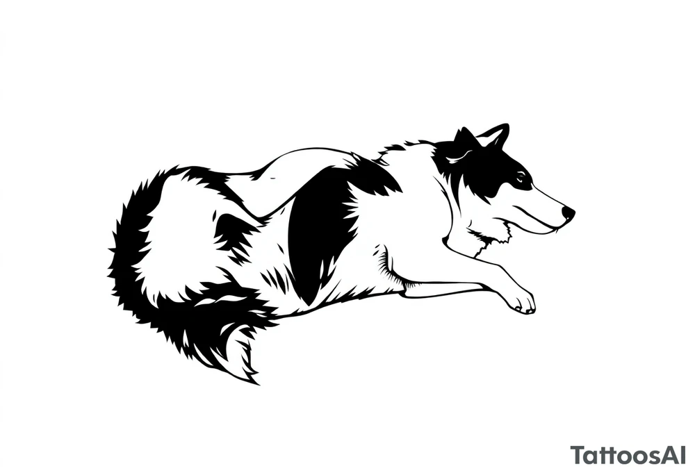 An illustration of a Border Collie tattoo in a minimalist feminine style. The design is elegant and delicate, created with a single continuous line, depicting the dog lying on its back, capturing the grace and character of the breed. tattoo idea