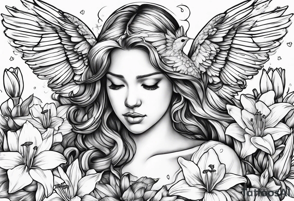 crying angel surrounded by lily, daffodil, rose, daisy, narcissus with a hummingbird tattoo idea