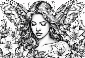 crying angel surrounded by lily, daffodil, rose, daisy, narcissus with a hummingbird tattoo idea