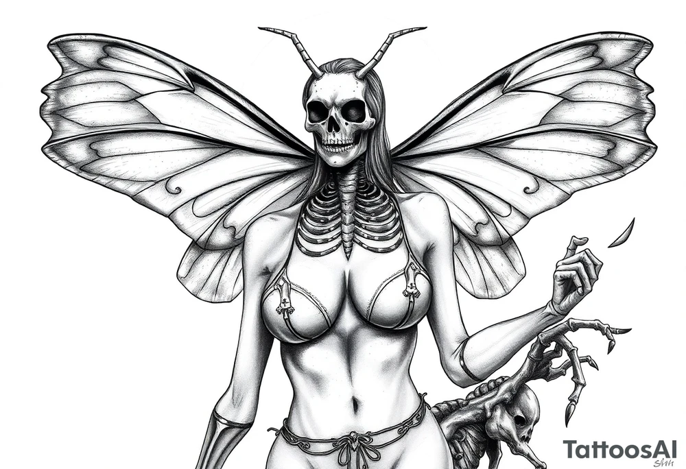 ethereal lunar moth resemblance powerfully sexy depiction of the goddess estate nude full frontal with exotic erotic lingerie orgasmic stare realistic the hottest depiction of the goddess of Love and war basking in the sun high above half a face bone skeleton tattoo idea