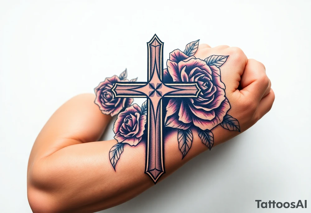 a cross with roses tattoo idea