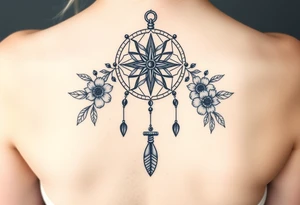 Boho dream catcher with compass and anchor Beautiful flowers and an ornamental chandelier like look tattoo idea
