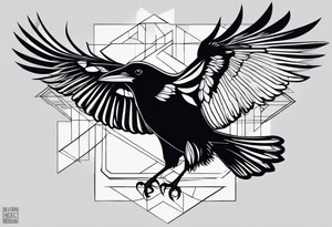 silhouette of a crow with half open wings
every line must be straight
half the body geometric
half thebody real tattoo idea