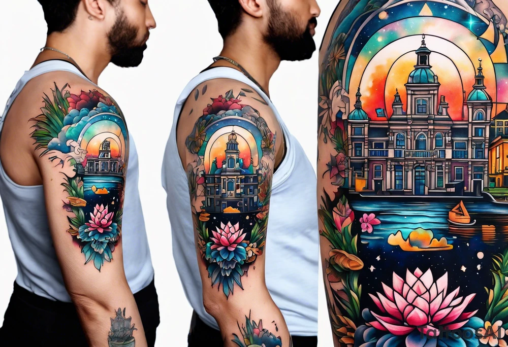 Tattoo of water in space featuring animals featuring Amsterdam buildings and canal in galaxy colours featuring animals and pineapples tattoo idea