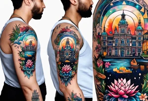Tattoo of water in space featuring animals featuring Amsterdam buildings and canal in galaxy colours featuring animals and pineapples tattoo idea