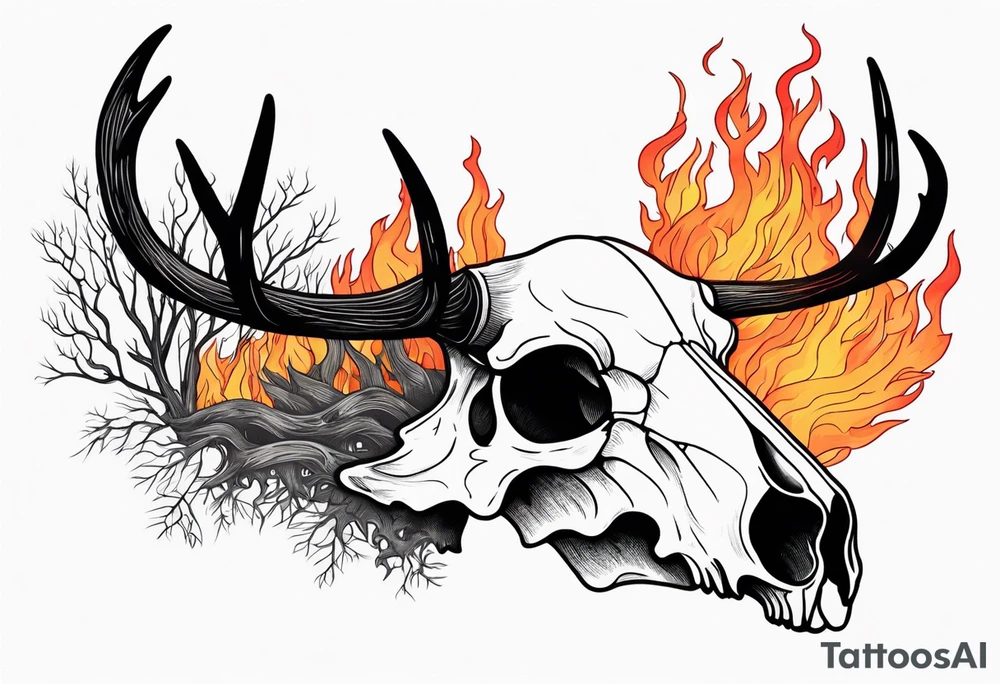 Scary side profile of a DECAYING deer skull JUST BONE surrounded by a flames and trees in background tattoo idea