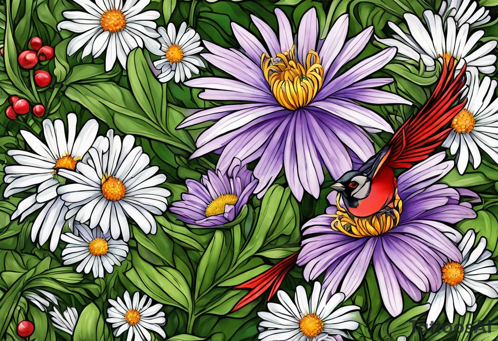 Aster flowers and sea rocket flowers with a cardinal around the words Dad on a small lake tattoo idea