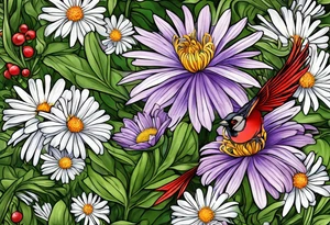 Aster flowers and sea rocket flowers with a cardinal around the words Dad on a small lake tattoo idea