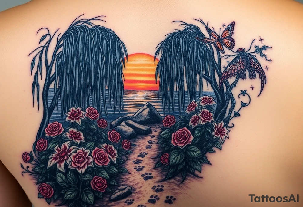 Dark ocean with rocks sunset, weeping willow garden with roses and lilies flower beds. fantasy creatures, fairies, siren, dragonflies, butterflies, cat paw prints path in dirt. tattoo idea