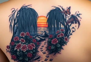 Dark ocean with rocks sunset, weeping willow garden with roses and lilies flower beds. fantasy creatures, fairies, siren, dragonflies, butterflies, cat paw prints path in dirt. tattoo idea