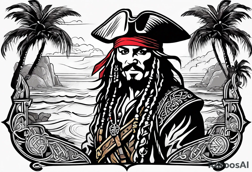 mickey mouse captain jack sparrow with palm trees and celtic symbol for family tattoo idea