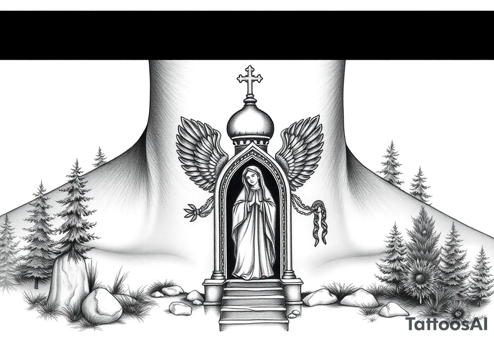 russian coat arms traditional christian orthodox cross with a virgin mary stood in the entrance of a russian orthodox dome church on the side of the neck in a wilderness setting tattoo idea