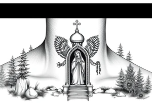 russian coat arms traditional christian orthodox cross with a virgin mary stood in the entrance of a russian orthodox dome church on the side of the neck in a wilderness setting tattoo idea