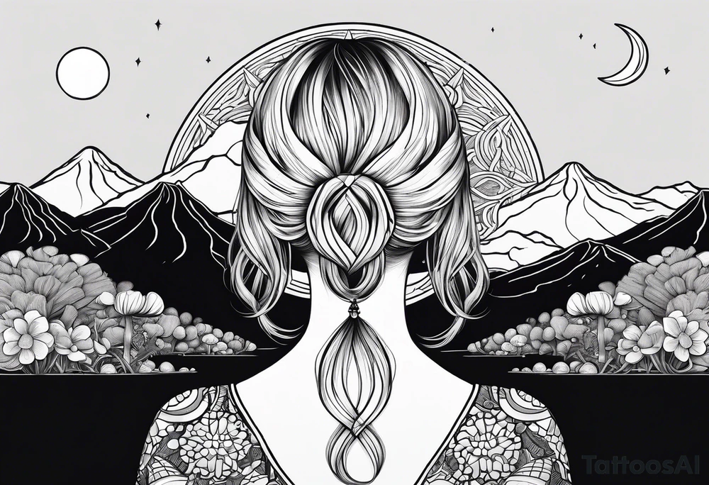 Straight blonde hair girl meditating facing away toward mountains surrounded by mushrooms crescent moon mandala circular design black and white striped dress tattoo idea