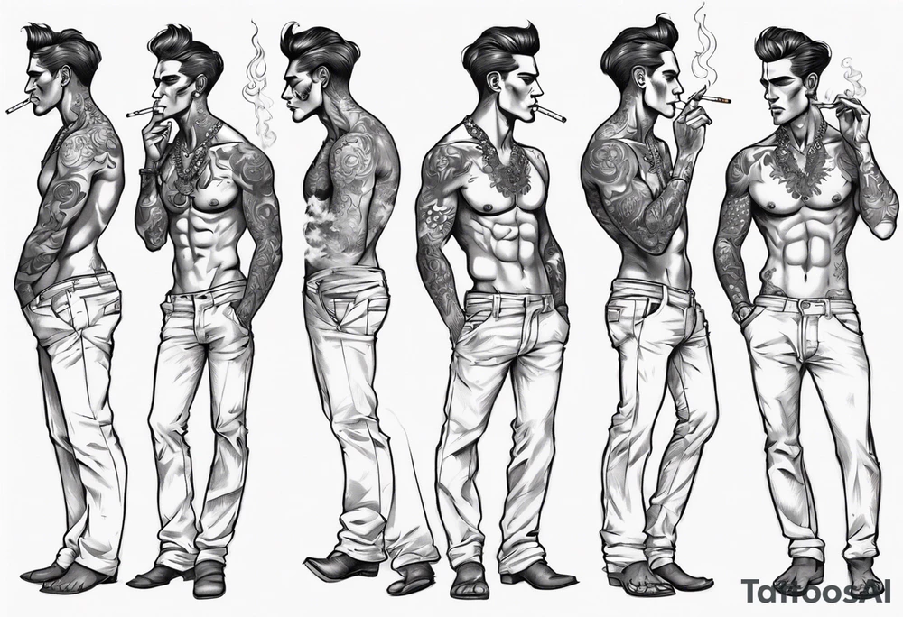 One handsome man with bare torso, full-length, no hat, earrings in his ears stands smoking a cigarette tattoo idea