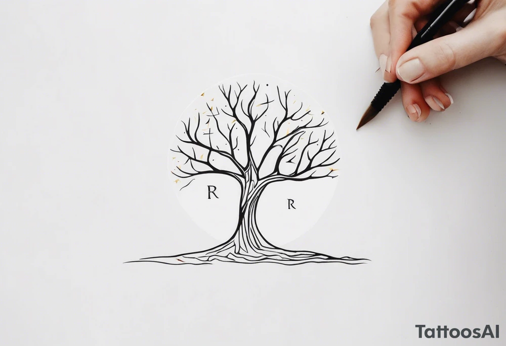 tree tattoo that uses the initials JMWE and a larger R tattoo idea