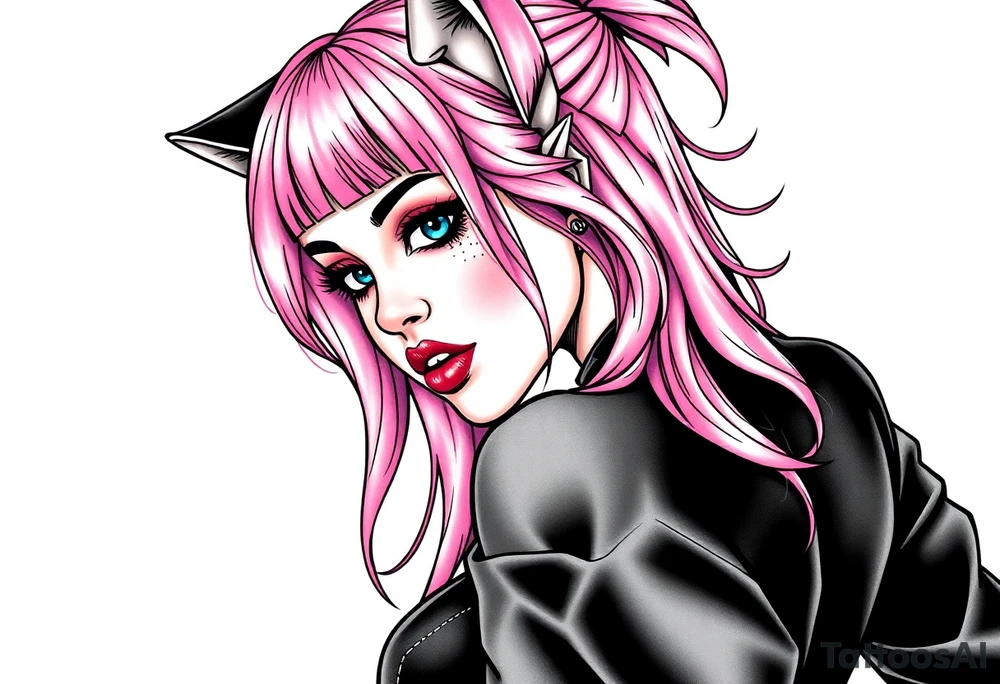 hot goth girl with puppy ears and with piercings on face and big boobs and big butt with black outfit on with pink hair tattoo idea