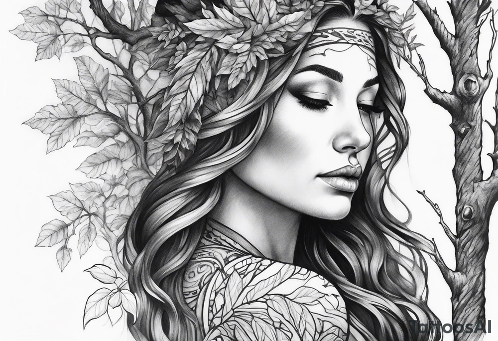 Forest goddess looking down side profile tree branches forming into her face middle arm sleeve tattoo idea