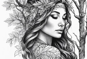 Forest goddess looking down side profile  tree branches forming into her face middle arm sleeve tattoo idea