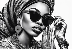 Muslim African woman  with snake dreads biting money sun glasses tattoo idea