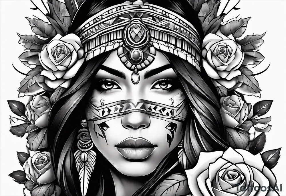 Native American woman wrapped in roses with a wolf pelt tattoo idea