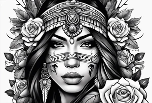 Native American woman wrapped in roses with a wolf pelt tattoo idea