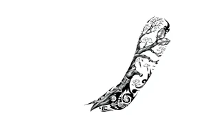 right arm sleeve, tree branch made of stone, clouds and lightning mixed throughout, tattoo idea