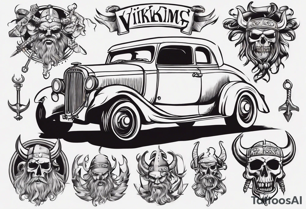 i want a tattoo of a viking and a old classic vintage car  and I want the words “Viking Customs” incorporated into the design tattoo idea