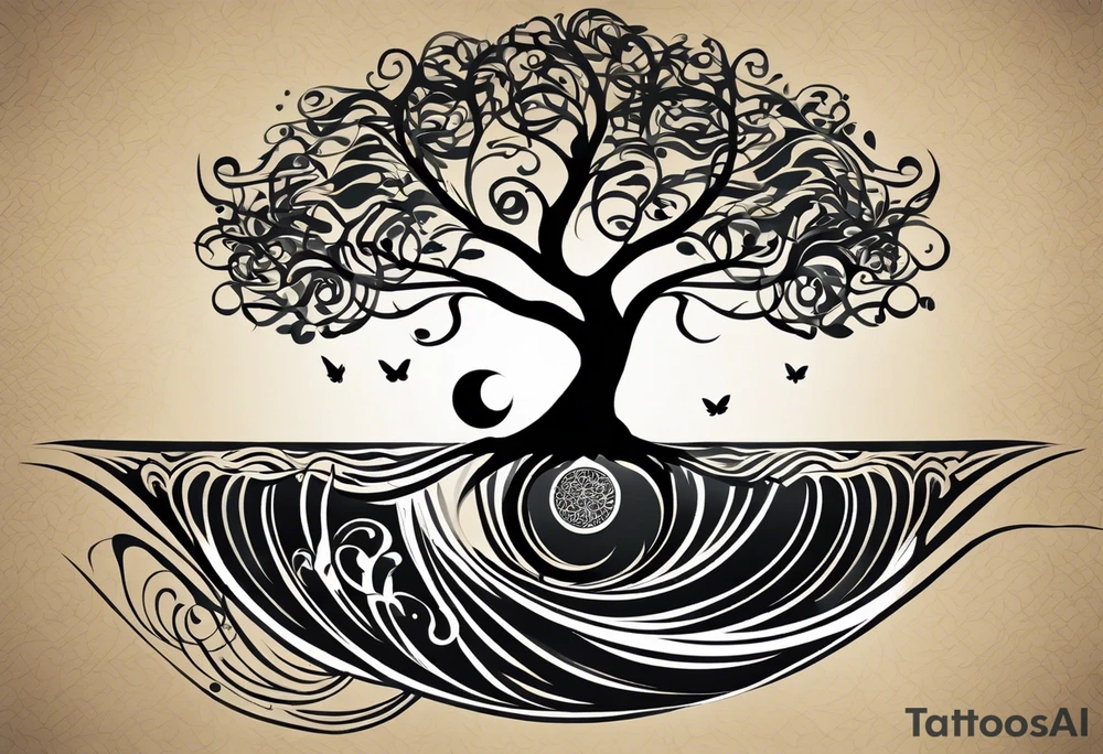 A tattoo design that incorporates the following elements: an abstract tree of life that has roots emerging  from the ground. Waves of water encapsulate the tree and wind around it in an organic way.  Incorporate music.   the letters U and A are overlapping and engraved into the tree. a golf ball incorporated but not prominent. tattoo idea