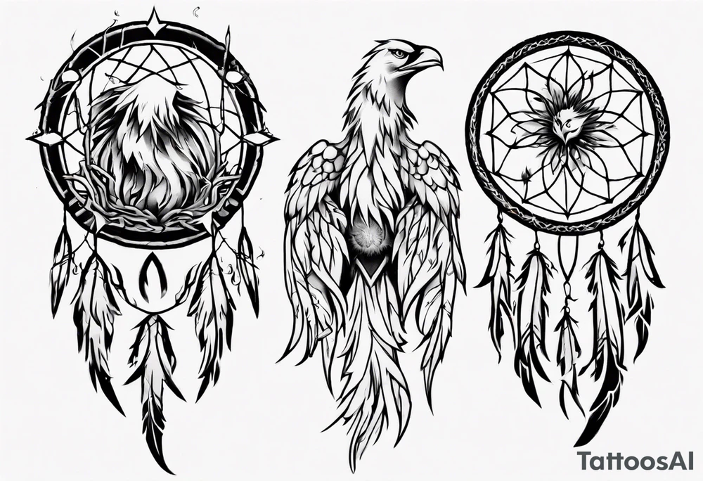 Firey Phoenix bursting from dream catcher tattoo idea