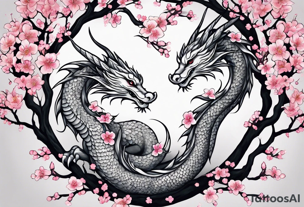 Delicate feminine simple dragon intertwined in cherry blossom, soft lines, soft dragon, pleasant dragon, beautiful cherry blossom tattoo idea