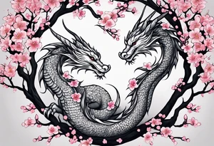 Delicate feminine simple dragon intertwined in cherry blossom, soft lines, soft dragon, pleasant dragon, beautiful cherry blossom tattoo idea