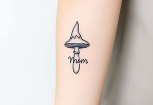 Mushroom with word mom on it with gnome on top tattoo idea