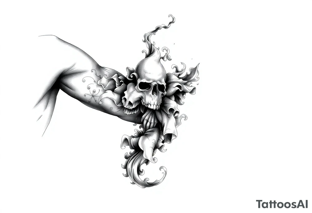 Tattoo sleeve filler using smoke, ash, and fragmented memory effects, organic flow wrapping around arm muscles, soft gradients, negative space, black and grey realism, seamless transitions between main tattoo elements. tattoo idea
