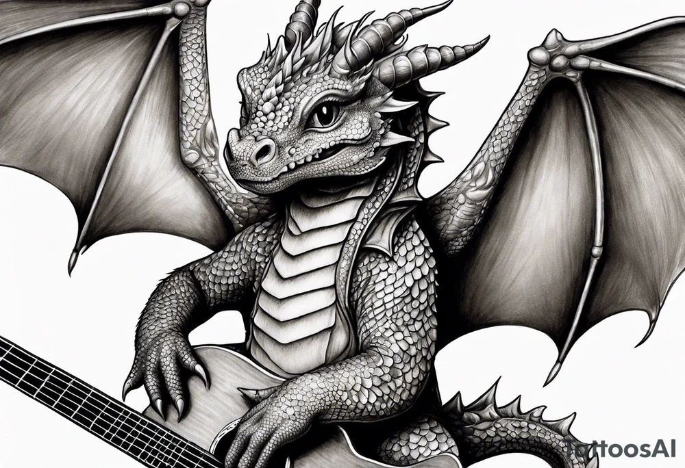baby dragon with guitar tattoo idea