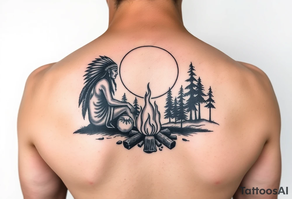 Native americans by campfire silhouette in moonlight in nature tattoo idea