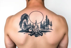 Native americans by campfire silhouette in moonlight in nature tattoo idea