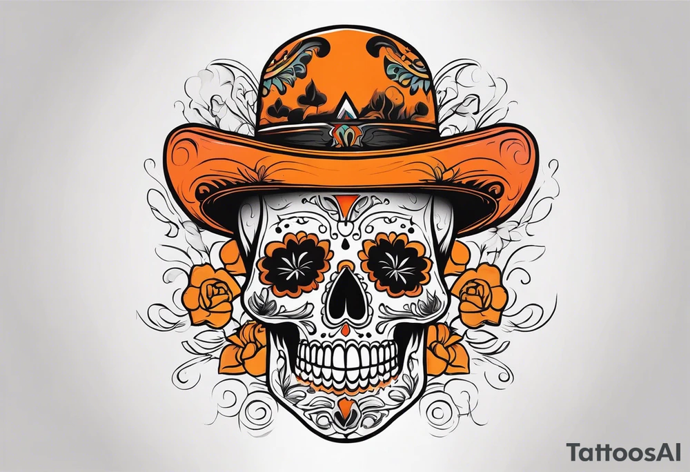 Mexican skull with smoke coming out of the bottom orange and black tattoo idea
