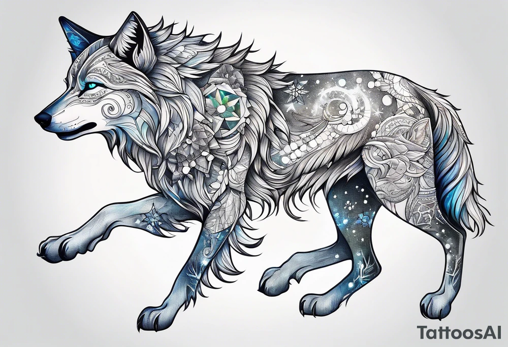 Constellation, two animal alien wolf, snowflake tattoo idea