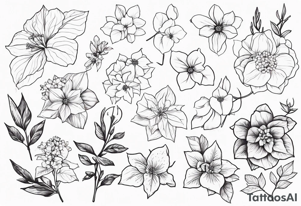 Hydrangea, Narcissus, Poinsettia, Holly, Gladiolus, Poppy, Daisy, Sweet Pea floral tattoo idea