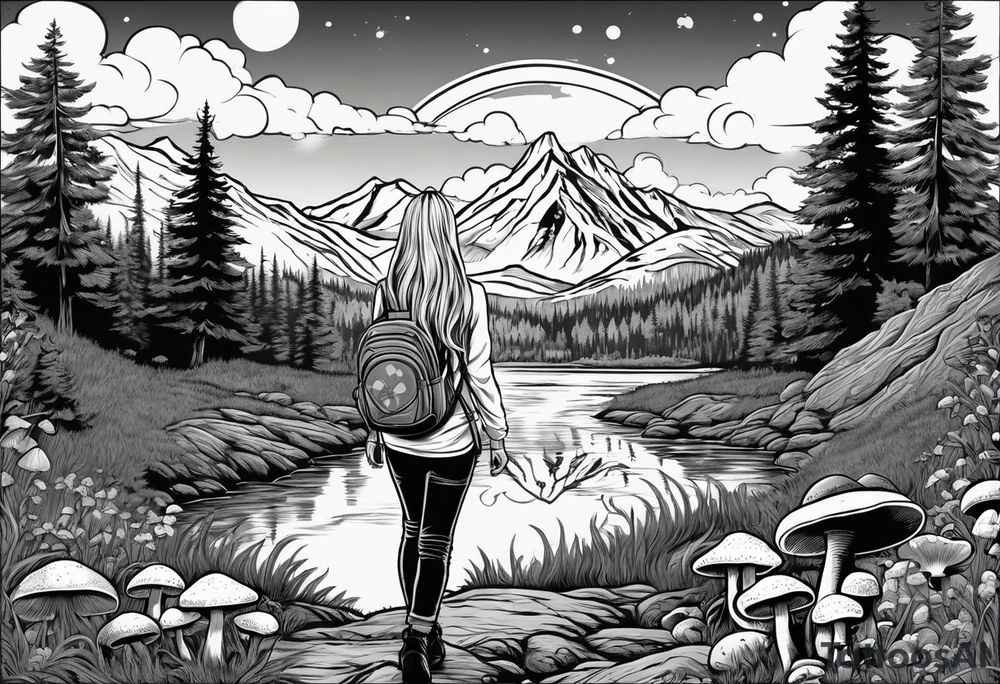 Whole picture encircled fully

Straight long blonde hair hippie girl in distance holding mushrooms in hand facing away toward mountains and creek surrounded by mushrooms long sleeve shirt and hiking pants; whole rendering within a full circle, no cut off circle tattoo idea