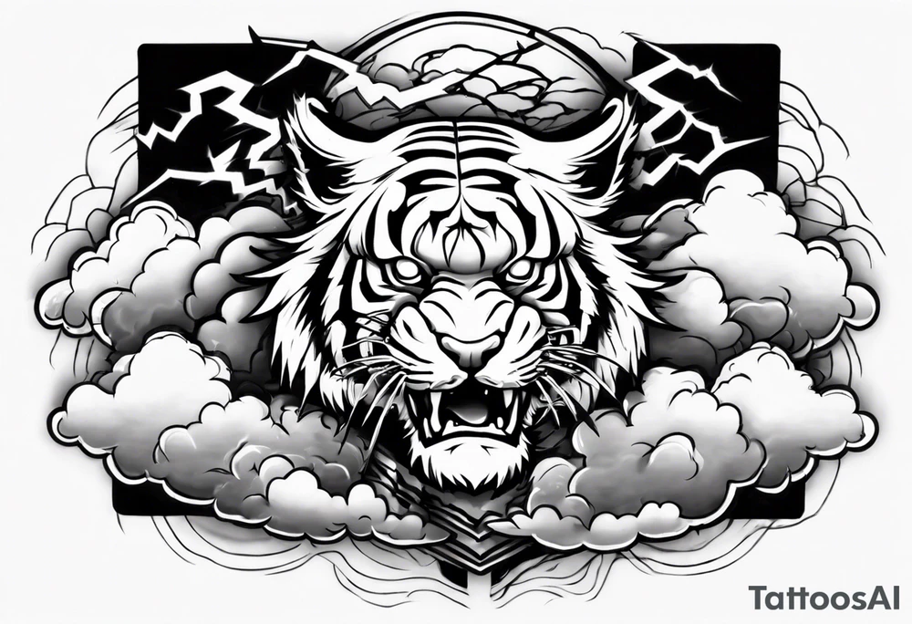 A thundergod tiger forearm tattoo, with lightning and clouds filling the area tattoo idea