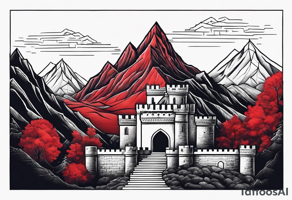 red mountains on which there are two castles tattoo idea