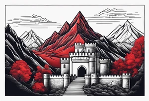 red mountains on which there are two castles tattoo idea