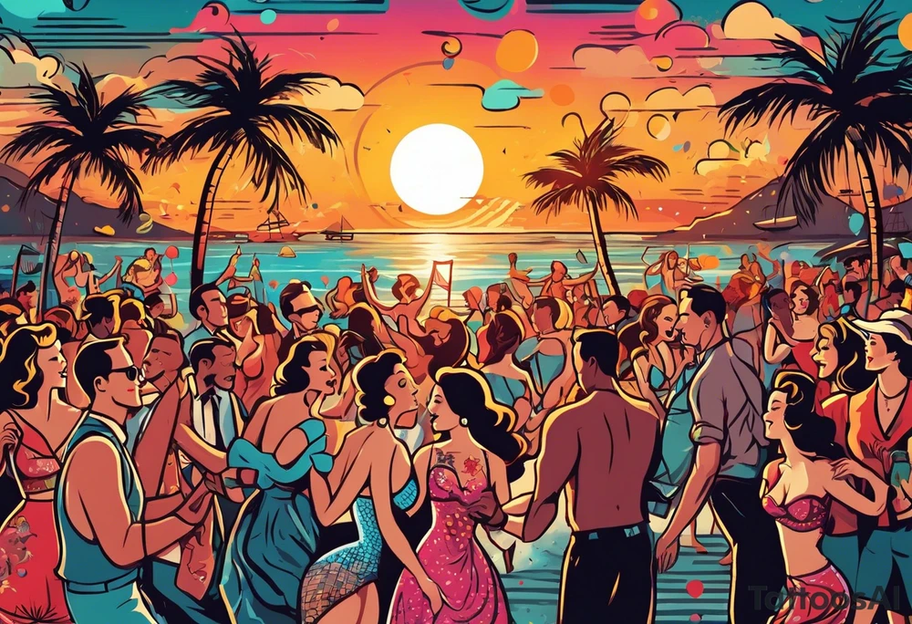 1950'S BEACH DANCE PARTY 
party, include confetti, music notes, 
, bikinis sunset in the center tattoo idea