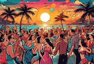 1950'S BEACH DANCE PARTY 
party, include confetti, music notes, 
, bikinis sunset in the center tattoo idea